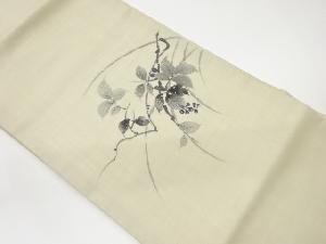 手織り紬手描き草葉に果実模様名古屋帯